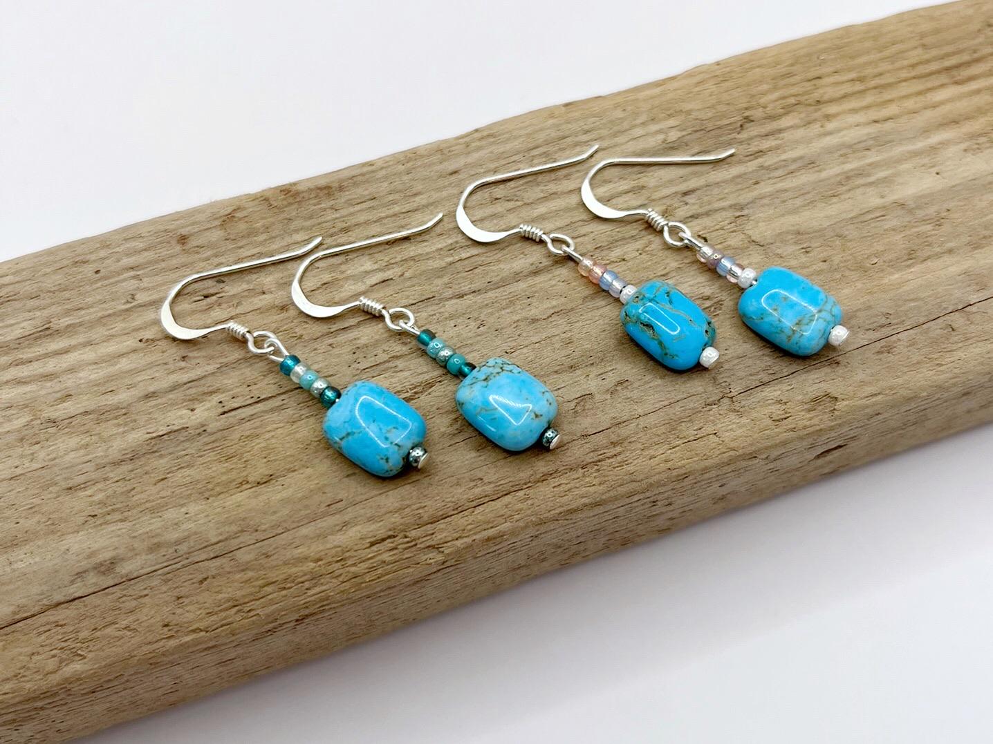 Two pairs of drop earrings with turquoise stone and glass seed beads on sterling silver ear wires