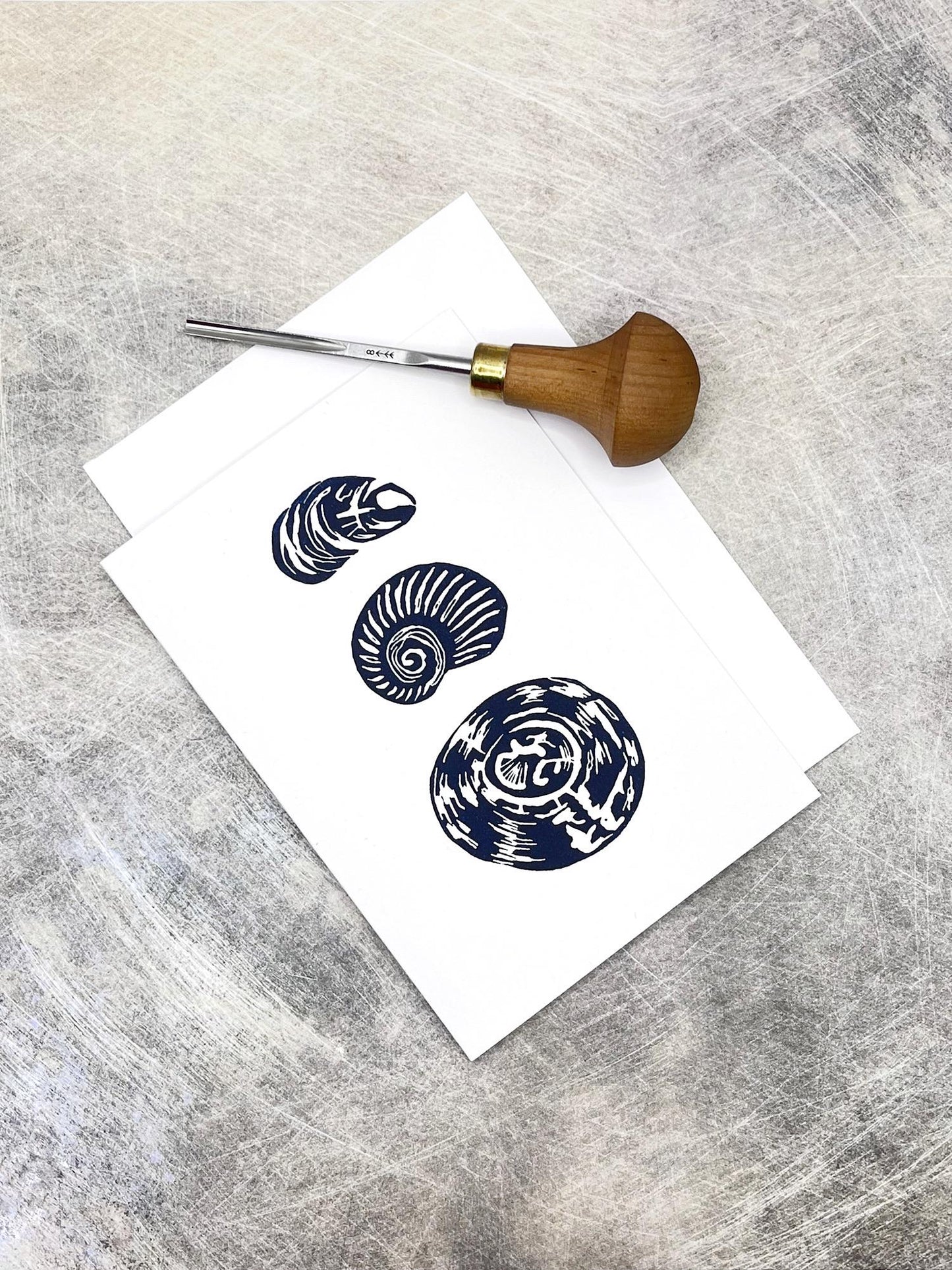 Three original lino printed shells on white card laid on a grey textured surface. Included in the photo is the lino cutting tool used.