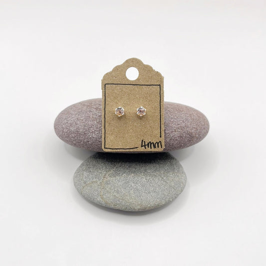 Pair of cut glass and silver stud earrings on a cardboard backing card, displayed on two stones.