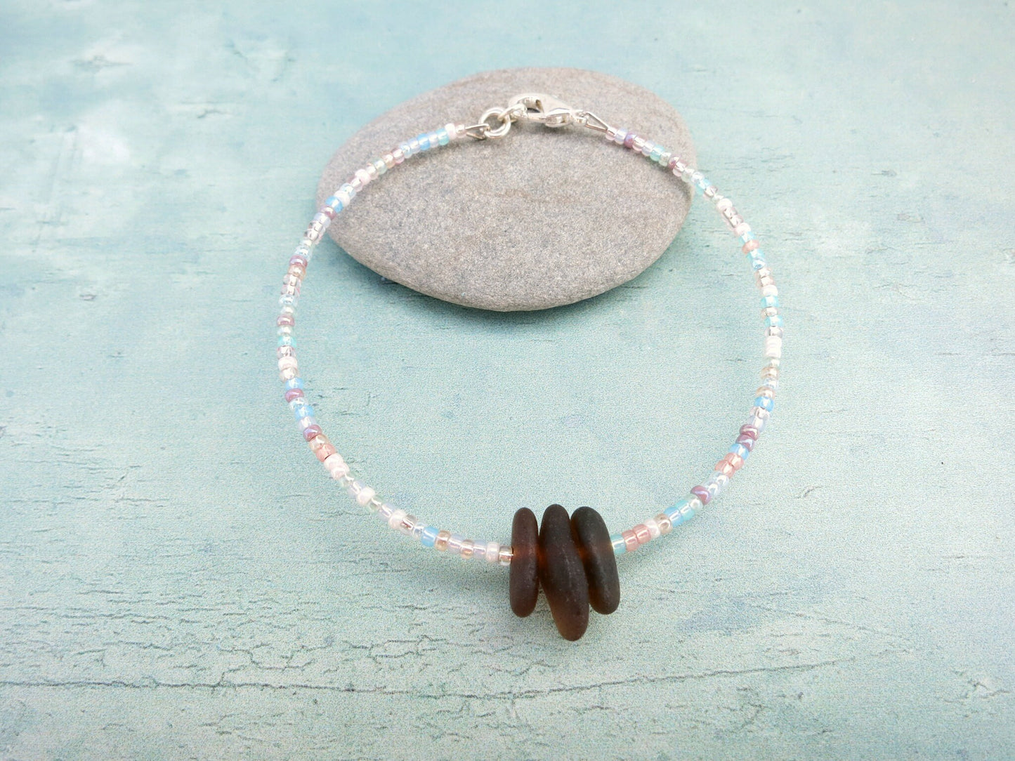Cornish Sea Glass Bracelet with Pastel Mix Seed Beads - Burnt Orange