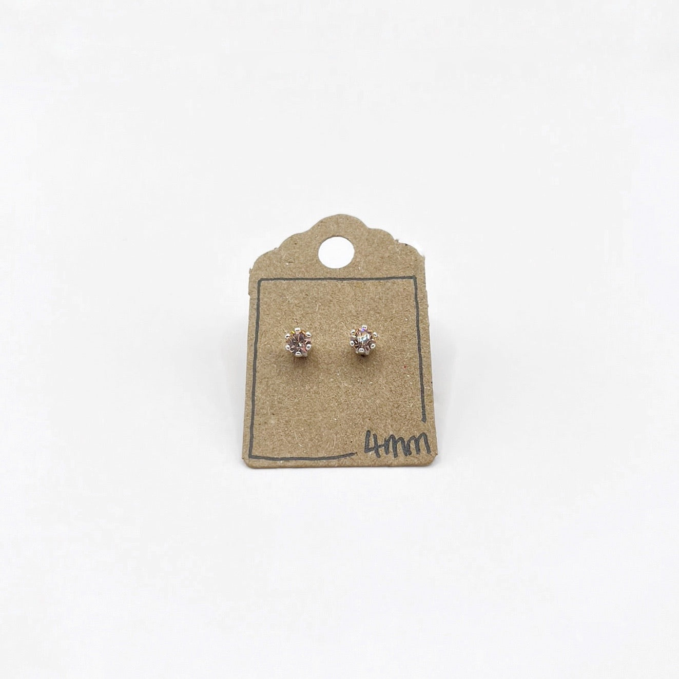 Pair of cut glass stud earrings on a cardboard backing with '4mm' text on a white background