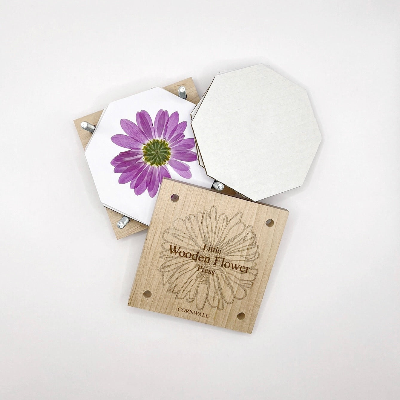 Wooden flower press with a purple flower on a white background