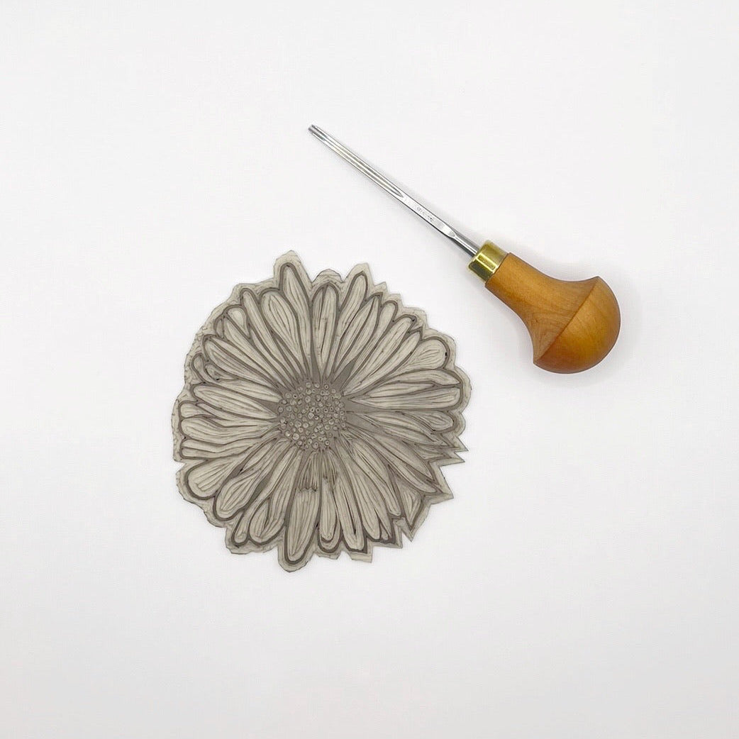 lino and cutting tool used for Daisy wash bag design