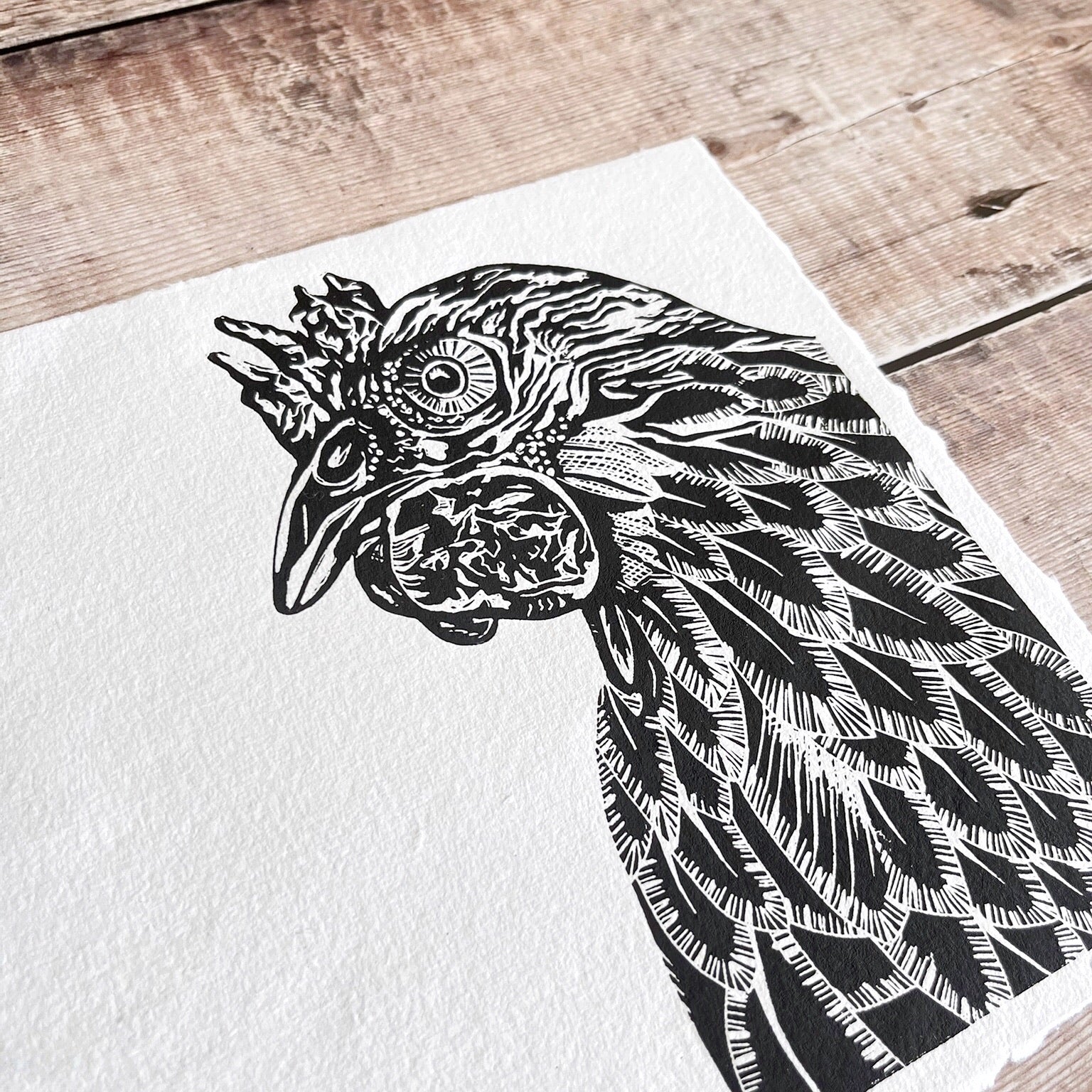 Close up of black and white linocut of a chicken laid on a wooden surface.