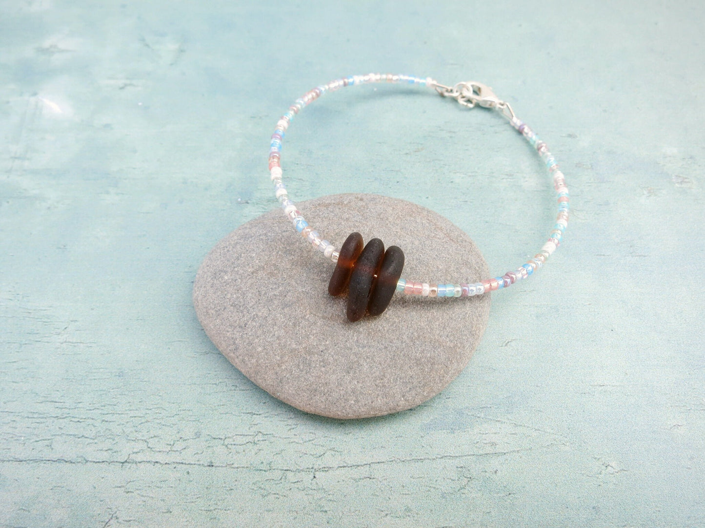 Cornish Sea Glass Bracelet with Pastel Mix Seed Beads - Burnt Orange