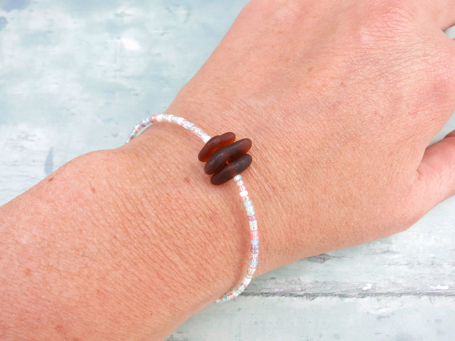 Cornish Sea Glass Bracelet with Pastel Mix Seed Beads - Burnt Orange