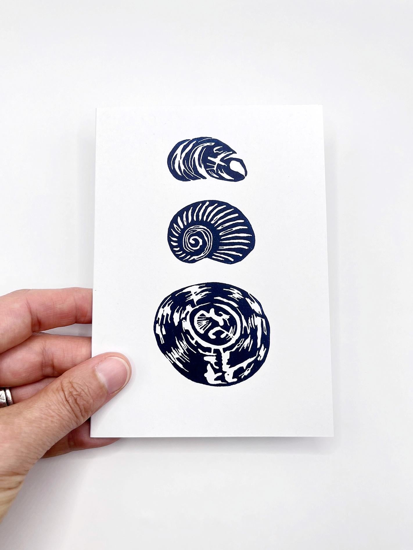 Hand holding a white card with blue shell designs against a white background